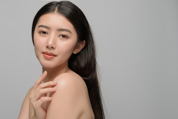Fototapeta premium Beautiful young woman asian with clean perfect skin. Portrait model natural make up. Spa, skincare and health wellness