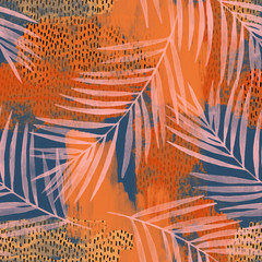 Water color palm leaves on rough grunge textures, doodles, scribbles background