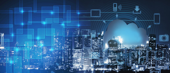 background of smart city intelligence networking on clound technology, night cityscape with digital...