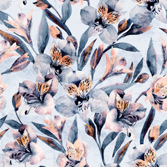 Moody watercolor alstroemeria flowers seamless pattern.