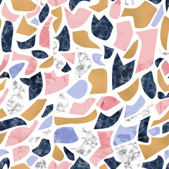 Terrazzo flooring imitation seamless pattern. Abstract geometric background with marble, natural stone, shiny gold foil texture