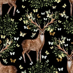 Wallpaper murals Forest animals Hand painted watercolor deer antlers with leafs, branches, butterfly on white background