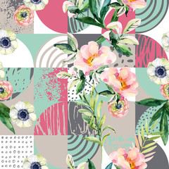 Modern seamless geometric and floral pattern