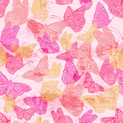 Trendy colorful seamless pattern with flying butterfly on grunge painted texture