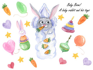 A baby rabbit and toys