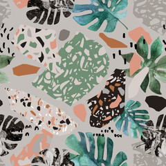 Tropical watercolor leaves, turned edge geometric shapes, terrazzo flooring elements seamless pattern