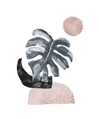 Fototapete Grafikdrucke Abstraktes Posterdesign: minimale Formen, glänzendes tropisches Monstera-Blatt.