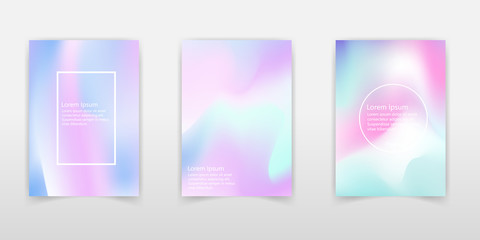 Holographic poster set. Abstract backgrounds. Futuristic holographic poster with gradient mesh. 90s, 80s retro style. Iridescent graphic template for brochure, banner, wallpaper, mobile screen.