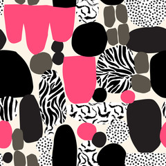 Fototapeta premium Abstract fun background. Different geometric shapes with animal skin, grunge brush strokes, doodle texture