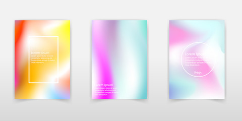 Holographic foil backgrounds set. Multicolor gradient backdrop with holographic foil. 90s, 80s retro style. Iridescent graphic template for brochure, flyer, poster, wallpaper, mobile screen.