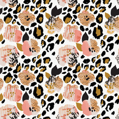 Abstract floral seamless pattern: flowers with zebra stripes, leopard skin print