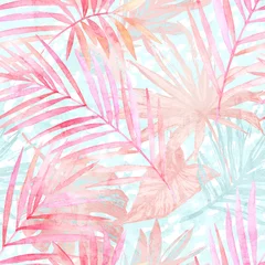 Papier Peint photo Lavable Nature aquarelle Modèle sans couture botanique d& 39 été : feuilles tropicales, taches de léopard, impression de peau d& 39 animal en couleur rose or rose pastel