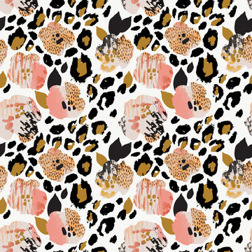 Abstract floral seamless pattern: flowers with zebra stripes, leopard skin print