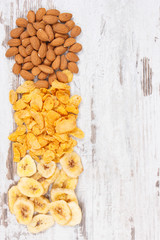 Healthy dried ingredients containing minerals, carbohydrates and dietary fiber, nutritious eating concept