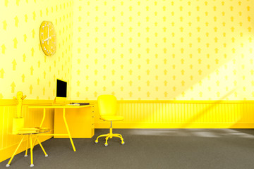 Work desk yellow color business background.