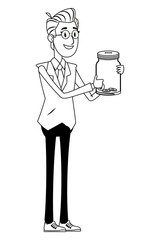 businessman holding glass jar black and white