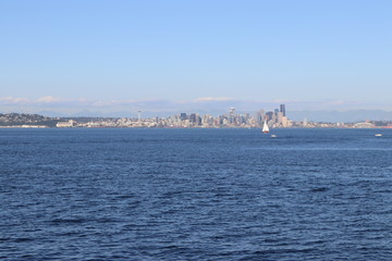 View of a big city from water
