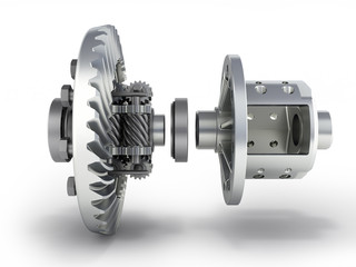 The differential gear in detal on white background 3d illustration - obrazy, fototapety, plakaty