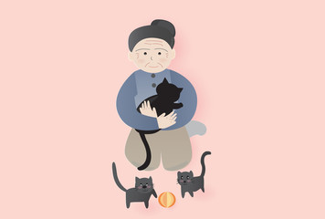 Grandmom hugging her cat,tow kitten playing ball,vector illustration.