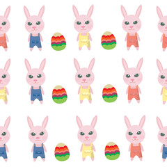 Easter greeting card with cute bunny and a painted egg seamless pattern.