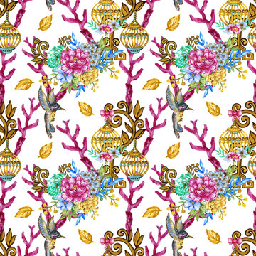 Romantic seamless pattern background with rose peonies daisy flowers birds and cages watercolor gouache illustration