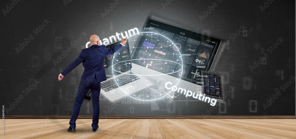 Poster businessman in front of a wall with quantum computing concept with qubit and devices 3d rendering
