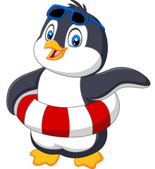 Cartoon penguin with inflatable ring and sunglasses
