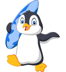 Obraz premium Cartoon penguin holding a surfboard