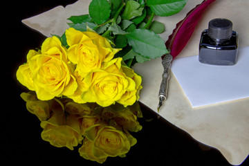 Kalligraphie Set mit Rosen auf schwarzem Untergrund