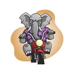 An elephant rides a motorcycle in casual clothes