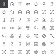 Plakat Music and sound line icons set. linear style symbols collection, outline signs pack. vector graphics. Set includes icons as musical note, favorite store, music stave, upload and download cloud, forum