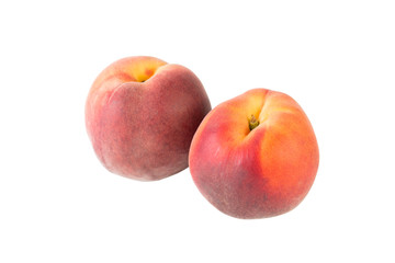 Fototapeta na wymiar Two peach ripe fruits isolated on white background angle view