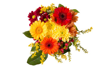 Bouquet of gerberas. Bright orange, red and yellow flowers isolated on white