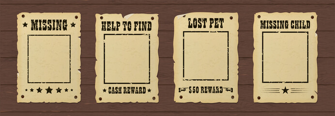 Vintage retro ripped missing poster. Wild west bounty brochure nailed to a wooden wall.