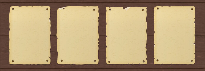 Old ripped brown paper poster nailed to a wooden wall. Western vintage brochures for wanted and missing messages