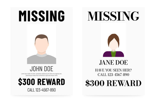Person missing poster template. Male and female flat avatar.