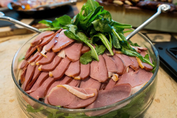 Duck Chest part on cut slide down and gender inside with vegetable on top, Smoked steak Ham Pork in American Style BBQ grill on natural charcoal to make good smell