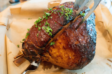 USA smoke Ham in Big size no cut slide side which delicious taste, Smoked steak Ham Pork in American Style BBQ grill on natural charcoal to make good smell