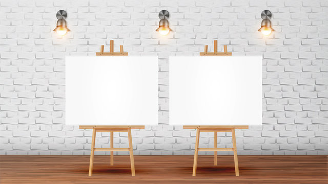 Canvas On Tripod For Collective Drawing Vector. Wooden Drawing Easel With Blank White Sheet, Glowing Sconces On Brick Wall Decoration Of Room For Art Courses. Realistic 3d Illustration