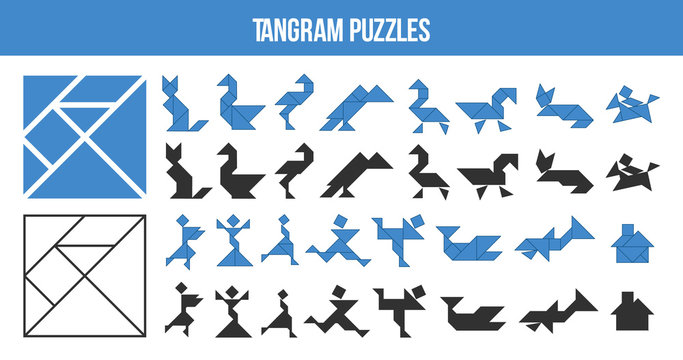 Printable Tangram, puzzle game. Set of shapes for kids activity that helps to learn geometric shapes. Animals , birds, fishes and people made of triangles