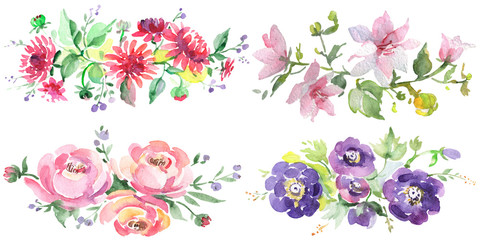 Boeket bloemen botanische bloemen. Aquarel achtergrond afbeelding instellen. Geïsoleerde boeketten illustratie element.