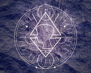 Mystical geometry symbol. Linear alchemy, occult, philosophical sign. For music album cover, poster, sacramental design. Astrology and religion concept. Outline silhouette of human head