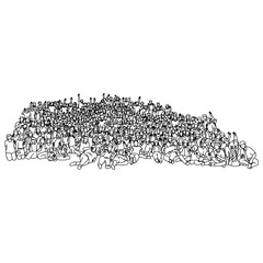 crowd of people showing victory sign with hand gesture vector illustration sketch doodle hand drawn with black lines isolated on white background. Teamwork or family concept.