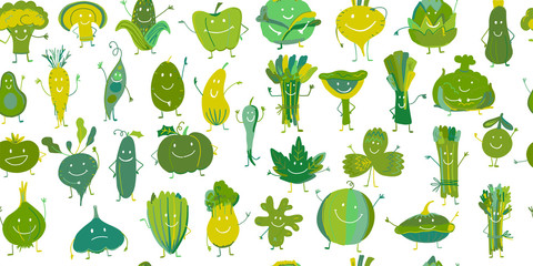 Funny smiling vegetables and greens, characters for your design. Seamless pattern