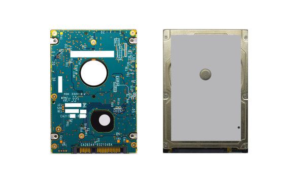 Hard disk for storing data in notebooks Front and back, white background
