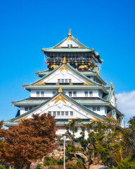 Osaka Castle against the blue sky in the morning. Osaka Castle is one of the most famous historic landmarks in Japan.