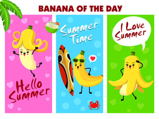 Vintage summer poster design with vector banana & surfboard character. 