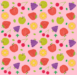 Seamless textile pattern illustration with fruits and flowers (handwriting style / Colored pencil stroke) / pink