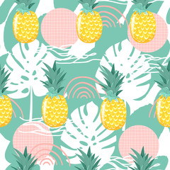 Modern seamless tropical pattern with pineapple and abstract elements. Creative contemporary floral collage. Texture for textile, postcard, wrapping paper, packaging etc. Vector illustration.