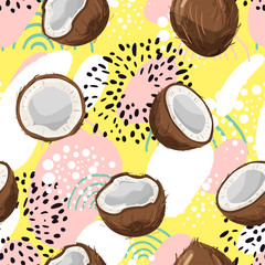 Modern seamless tropical pattern with coconut and abstract elements. Creative contemporary floral collage. Texture for textile, postcard, wrapping paper, packaging etc. Vector illustration. - obrazy, fototapety, plakaty